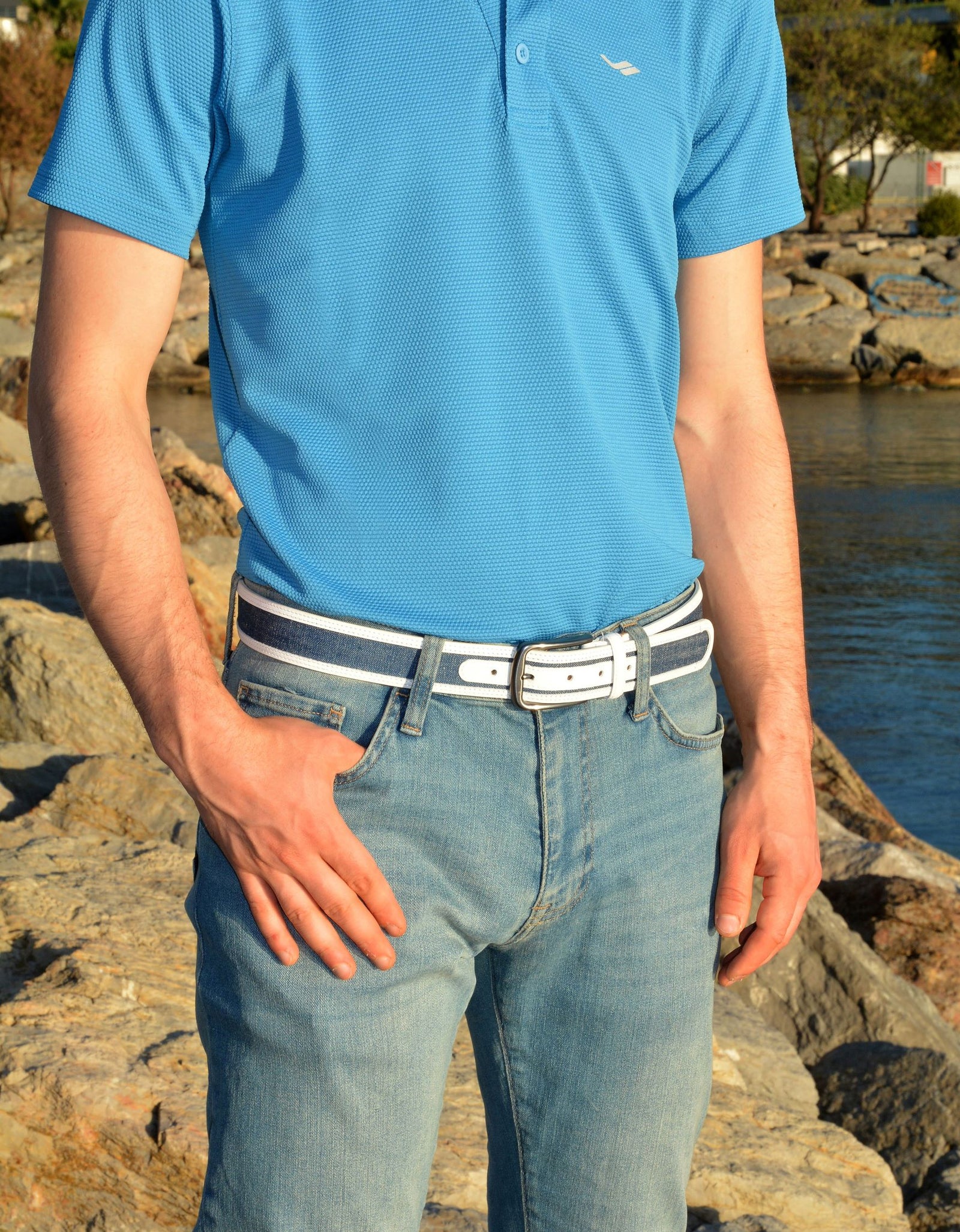 Swindon White Blue Leather Men Belt