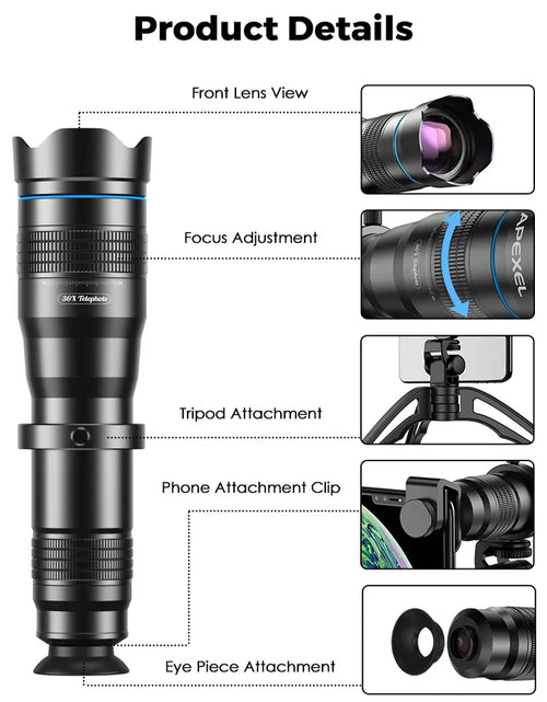 Load image into Gallery viewer, APEXEL HD 36X Phone Lens Telephoto Zoom Monocular Telescope Lens + Selfie
