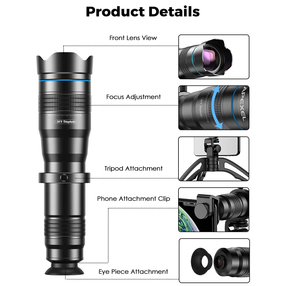 APEXEL HD 36X Phone Lens Telephoto Zoom Monocular Telescope Lens + Selfie